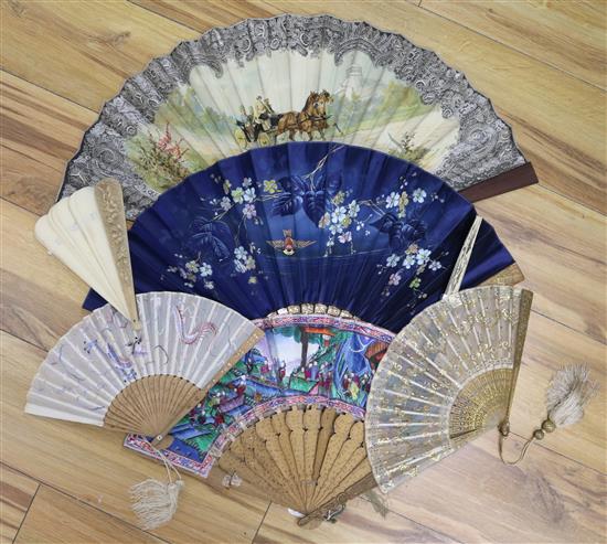 A Chinese figural fan another embroidered fan boxed and four others